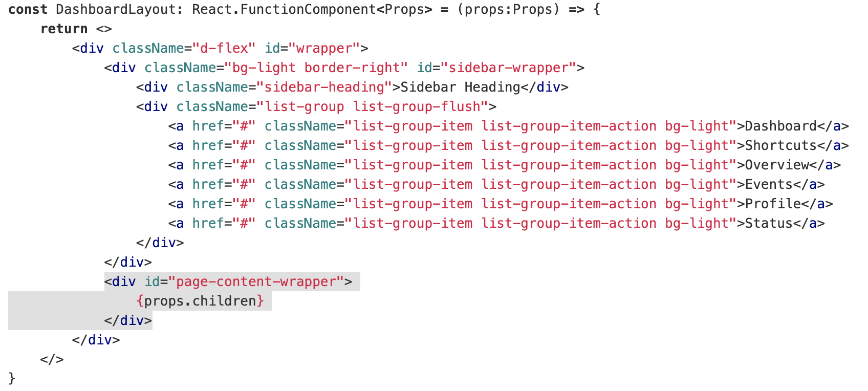 Dashboard Layout Component React