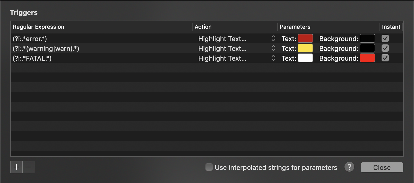 Create triggers for error, warn and fatal