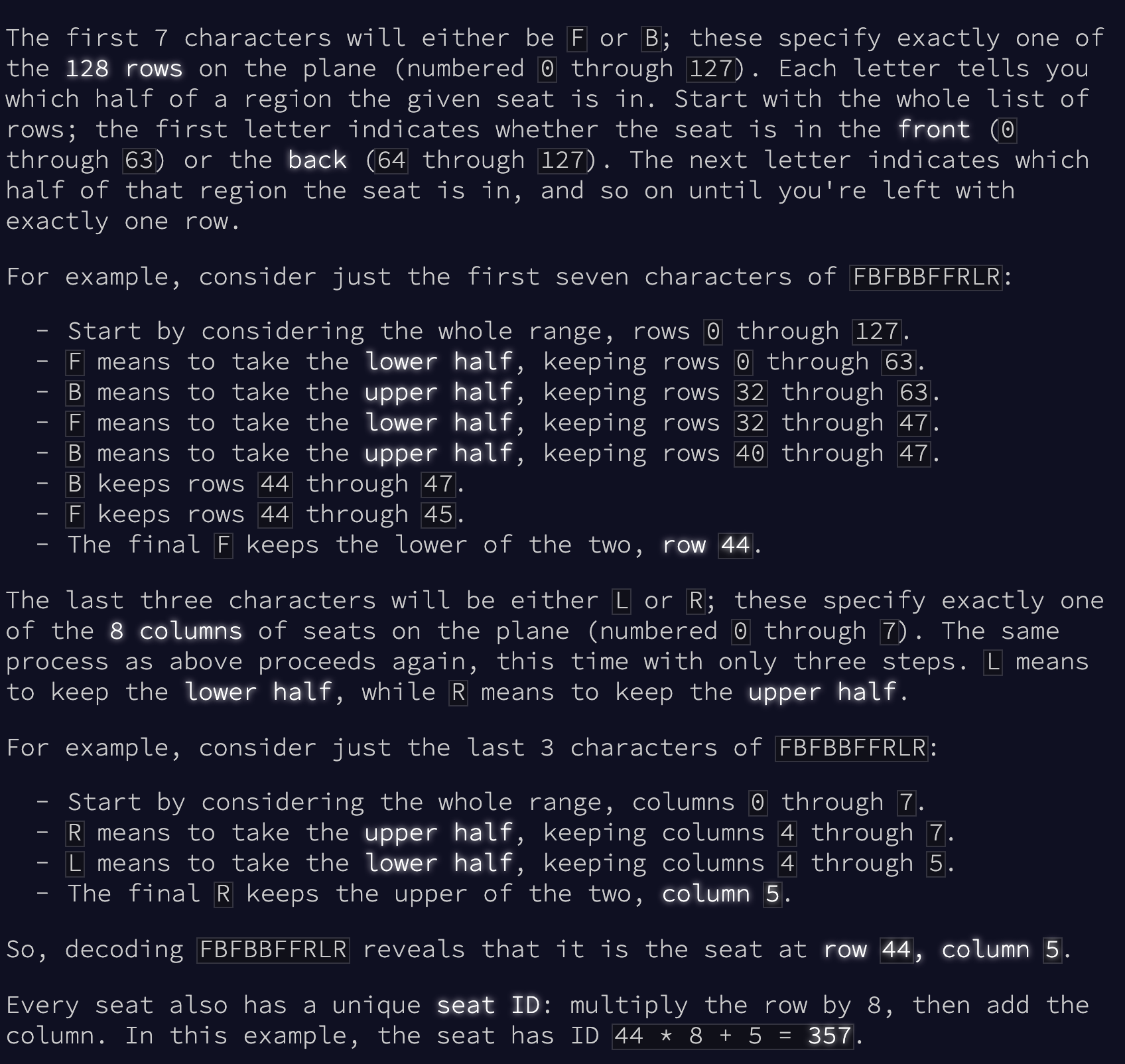 Seating Arrangement of the advent of code 2020 Airplane